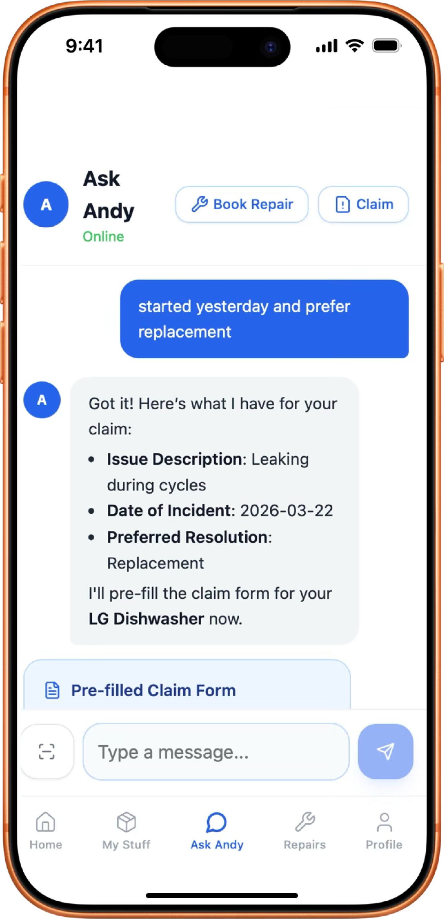OwnWise Andy claim summary